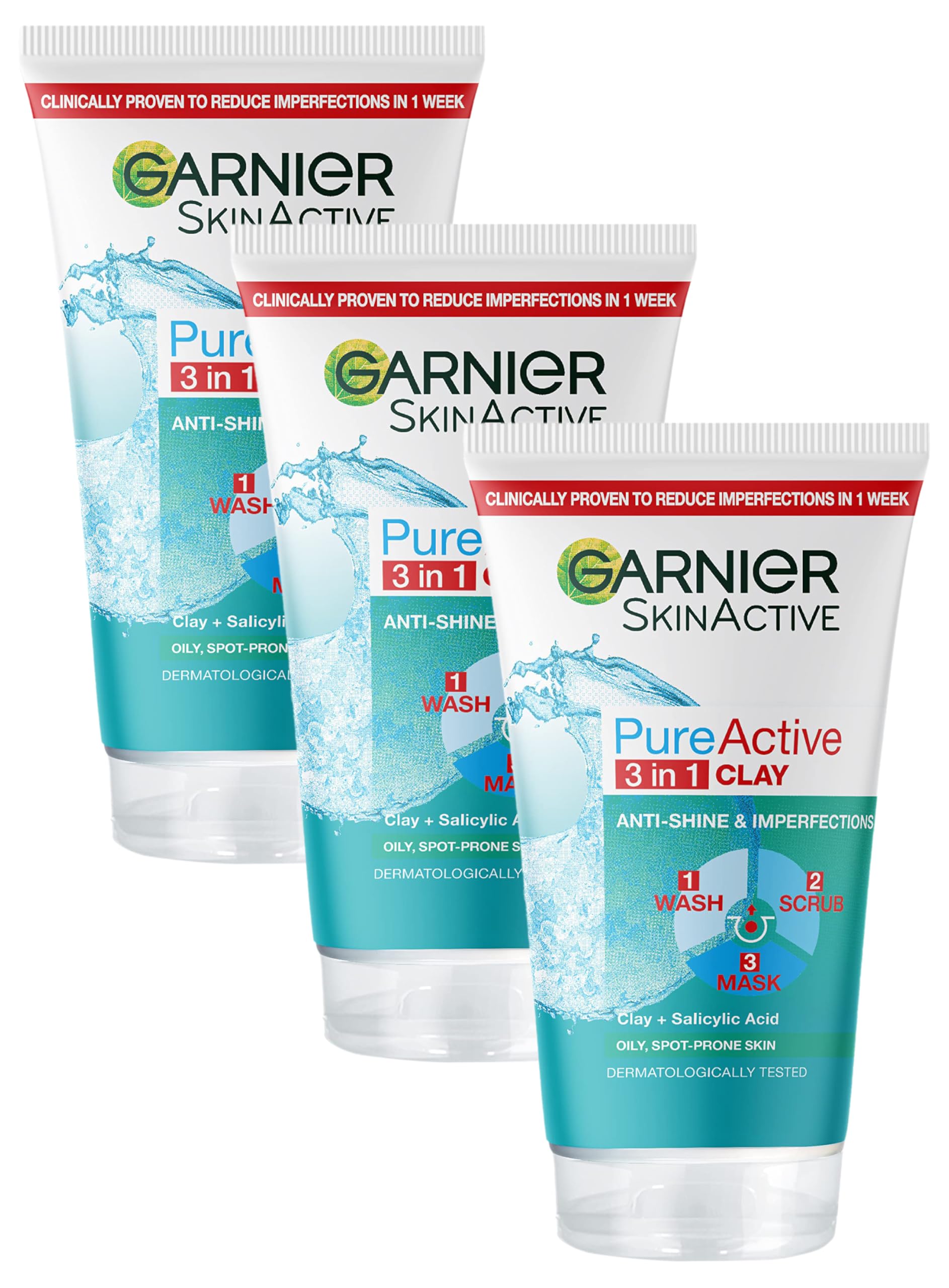 Garnier Pure Active 3in1 Clay Mask-Wash-Scrub 150ml, With Clay, Eucalyptus & Salicylic Acid, Face Cleanser For Oily Skin, Packaging May Vary (Pack of 3) — image 1