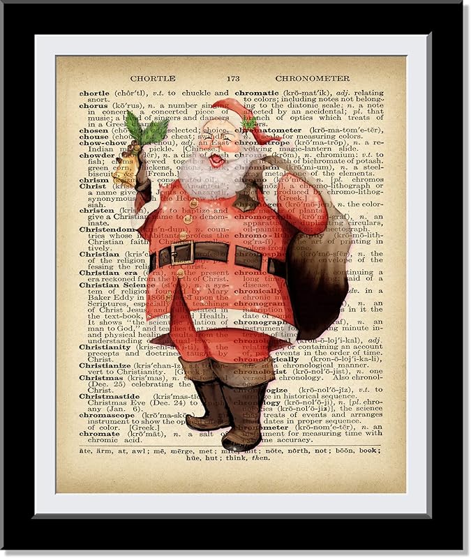 Santa Claus Dictionary Wall Art -, Happy Cool Santa Prints - Whimsical Female Tree Gift for House Warming Christmas Holidays - Home Decor Vintage Print Paintings - UnFramed…