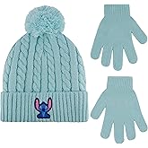 Disney Stitch Beanie Hat and Gloves Set, Girls Cuffed Winter Cable Knit Cap with Pom and Matching Mittens, Mint, One Size