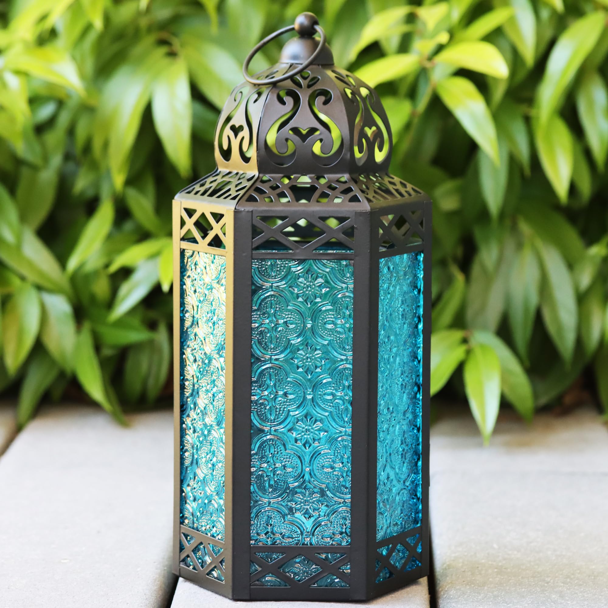 Black Metal Decorative Moroccan Lantern Candle Holder Lamp for Indoor or Outdoor Home Decor, Large, Blue