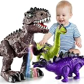 Doloowee 3-Pack Walking Dinosaur Toys for Kids 3-5 with Sounds and Lights | Set includes T-Rex, Stegosaurus &amp; Brachiosaurus. Each walks, roars &amp; lights up. Safe ABS plastic. Ideal gift for ages 3-8.
