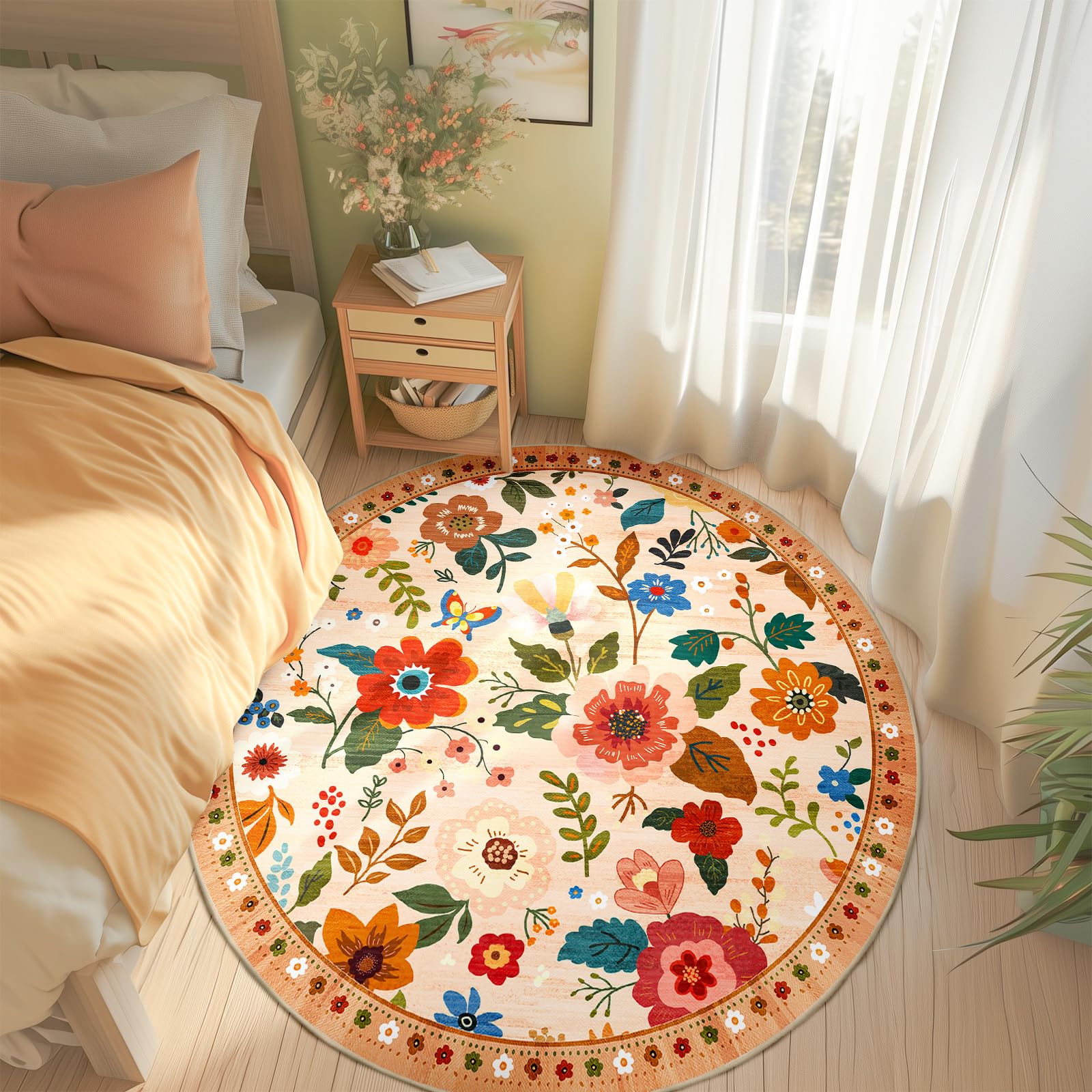 RELEANY Floral Nursery 6ft Area Rugs Washable Print Boho Cute Carpet Non Slip Flower Low Pile for Living Room Kids Girls Playroom Bedroom Kitchen Office Farmhouse-Light Orange