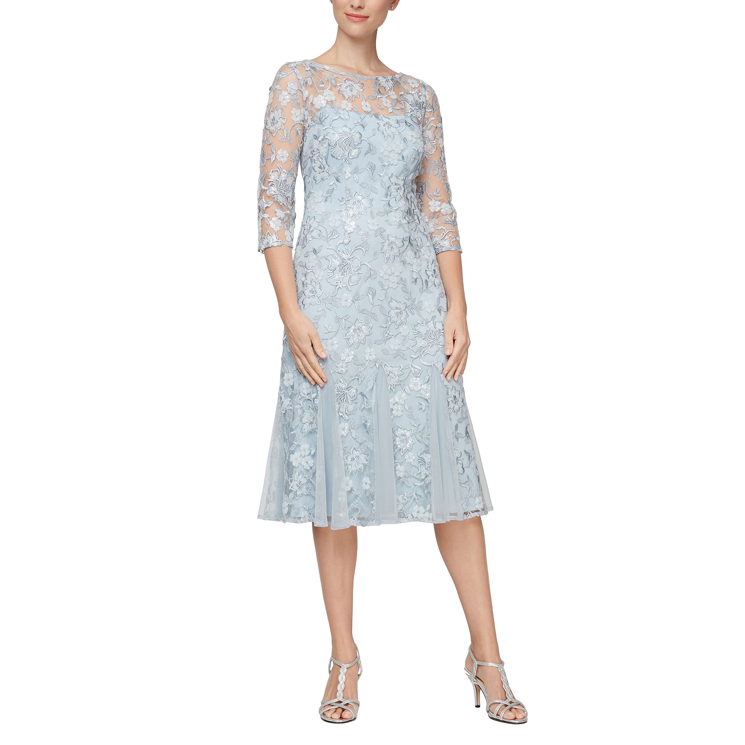 Alex Evenings Women’s Tea Length Embroidered Cocktail Dress with Illusion Sleeves, Wedding Guest (Petite and Regular Sizes), Light Blue, 6