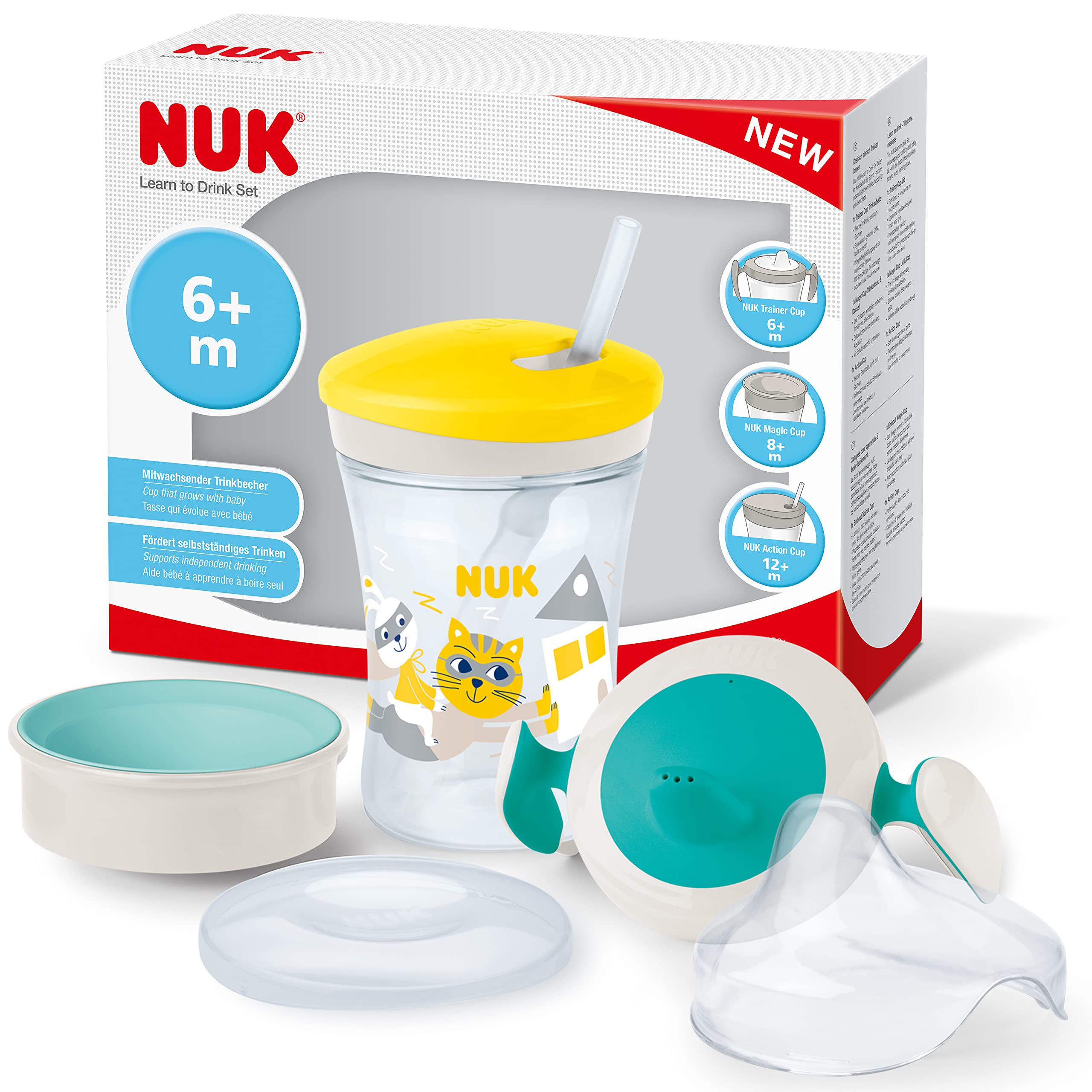 NUK Learn to Drink Set with Trainer, Learner (6M+), Magic 360° Sippy Cup (8M+) & Action Toddler Cup (12M+) | 230 ml | BPA-Free | Yellow Cat