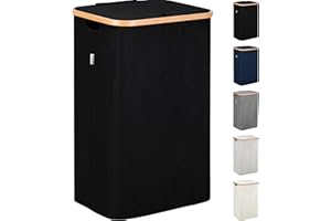 LONBET 100L Laundry Basket with Lid and Sturdy Bamboo Frame | Aesthetic Laundry Bin with Side Handles – Made from Breathable 