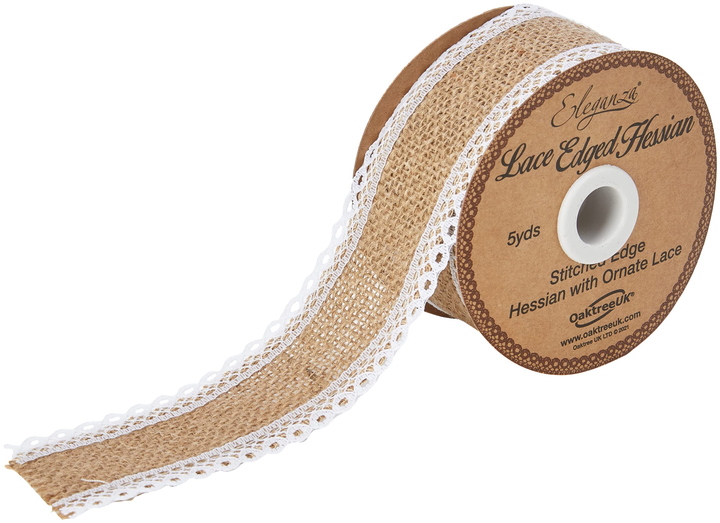 Eleganza Lace Edge Hessian Ribbon, Fabric, White, 50 mm