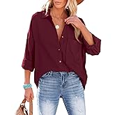 AISEW Womens Button Down Shirts Casual V Neck Long Sleeve Loose Fit Collared Plain Blouses Tops with Pocket
