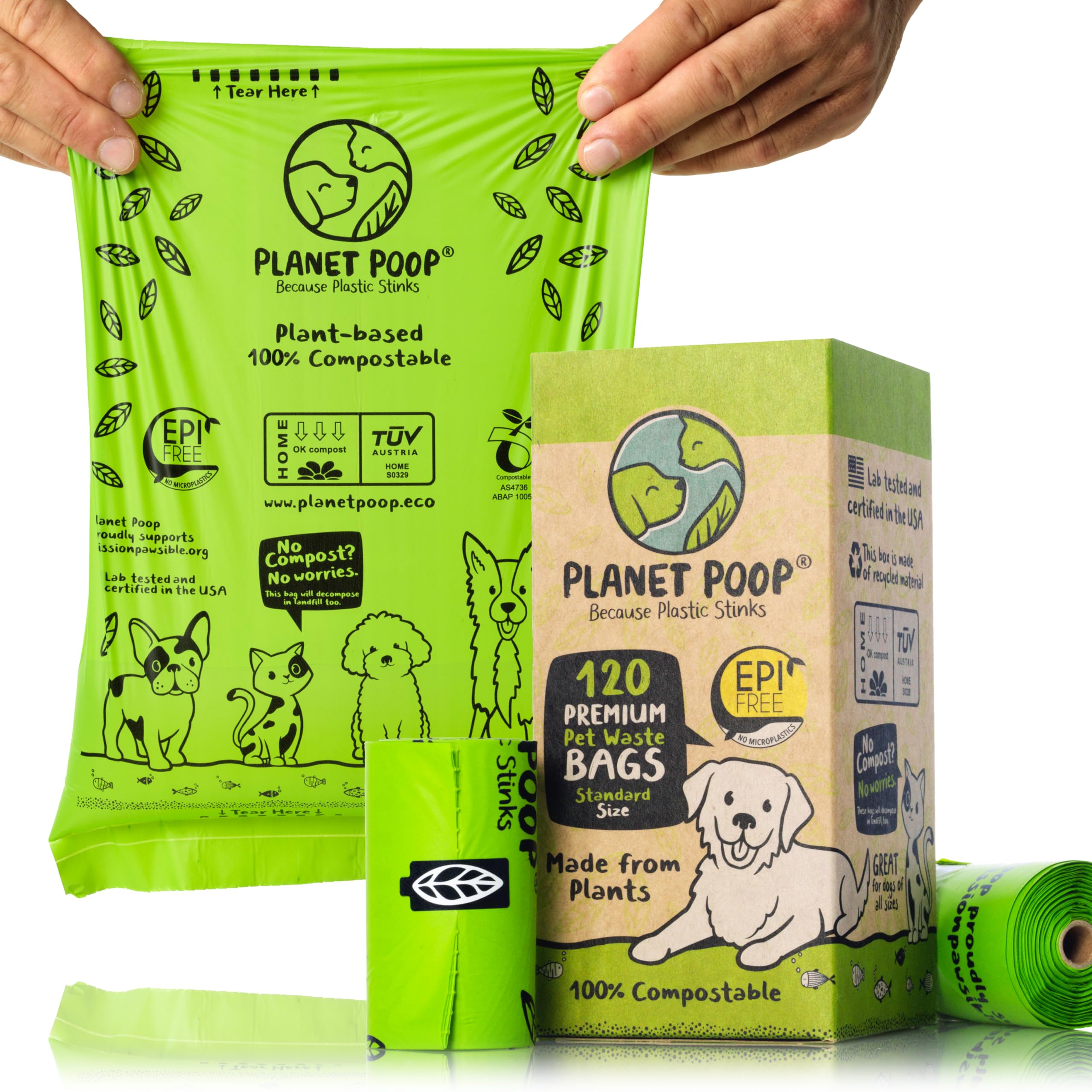 PLANET POOP Home Compostable Dog Poo Bags on Refill Rolls, 120 Biodegradable Un-Scented Pet Waste Bags 100% Plastic Free, Thick Leakproof Plant-Based Doggy Bag, Eco Cat & Dogs Earth Friendly Supplies