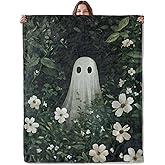 Lugiu Aesthetic Ghost Floral Blanket, Lightweight Comfy Spooky Cute Sheet Ghost Blankets for Couch Sofa Bedroom, Soft Plush Travel Flannel Throw Blanket Gifts for Adults Kids Women, Home Decor 60×50in