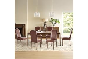 SNUGWAY Upholstered Dining Chair Stylish Parsons Kitchen with Silver Nailhead Trim & Wood Legs, 6-Pack, PU Light Brown