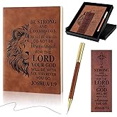 4 Pcs Christian Gifts for Church Men Pastor Appreciation Gifts Vintage Leather Hardcover Notebook 1 Timothy 6:11 Religious Bible Verse Pen Joshua 1:9 Bookmark & Box(Lion)
