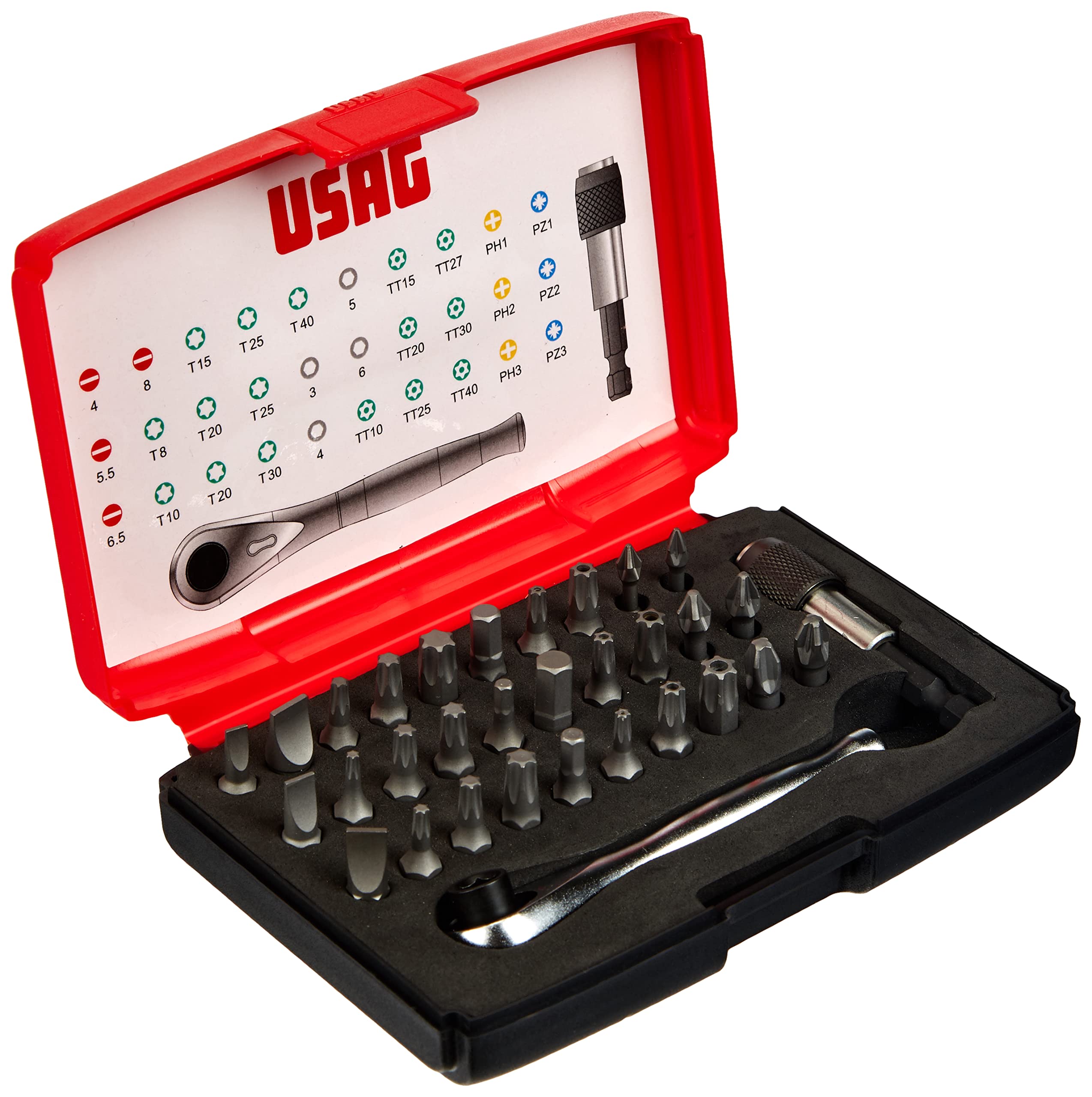 USAG U06920042 - 692 J32 - Assortment with bits and reversible ratchet - 1/4" (32 pcs.)