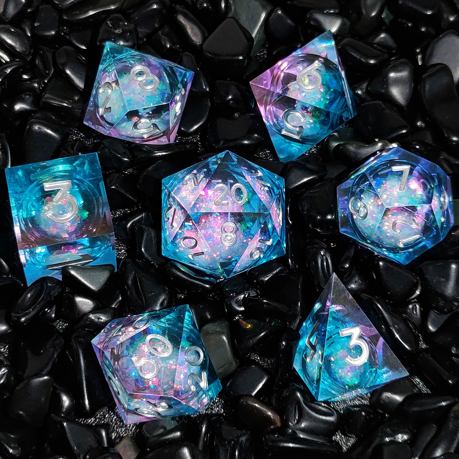 Set Dadi Poliedrici Acrilici 7 Pezzi Con Glitter Per Dungeons & Dragons TTRPG