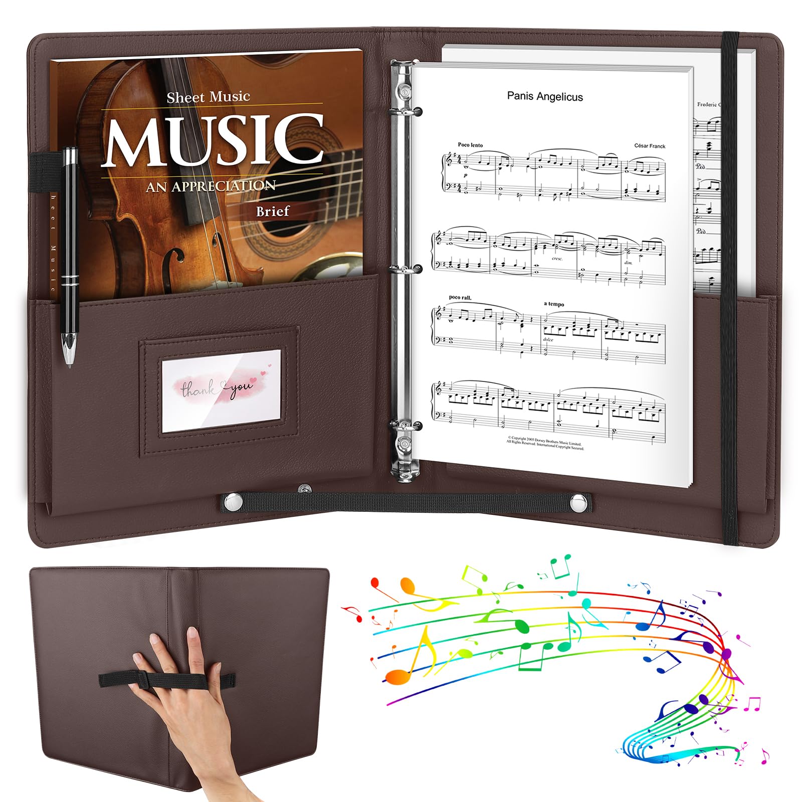 Photo 1 of YOTINO Choir Folder, 3 Ring Choral Muisc Folder with Hand Strap, 13"X10.2" Sheet Music Folder Brown PU Leather Large Capacity Choir Folder for Marching Band Piano Fits Letter Size 8.5 X 11 Inch