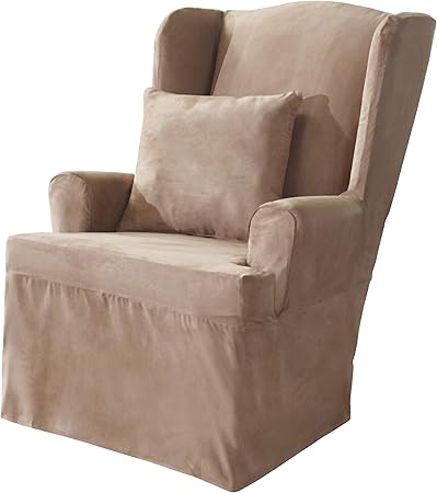 Amazon Com Surefit Home Decor Soft Suede T Cushion Wing Chair One Piece Slipcover Relaxed Fit Polyester Machine Washable Taupe Furniture Decor