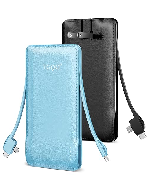 TG90° 2 Pack 10000mAh Power Bank Built-in Foldable AC Wall Plug and Cables,Ultra Slim Compact Cell Phone Fast Charger,External Battery Pack Compatible with iPhone and Android Devices,Black & Blue