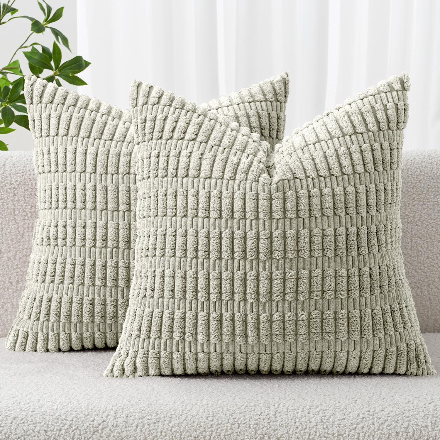 Photo 1 of MIULEE Pack of 2 Corduroy Decorative Throw Pillow Covers 18x18 Inch Soft Boho Striped Pillow Covers Modern Farmhouse Home Decor for Summer Sofa Living Room Couch Bed Light Green