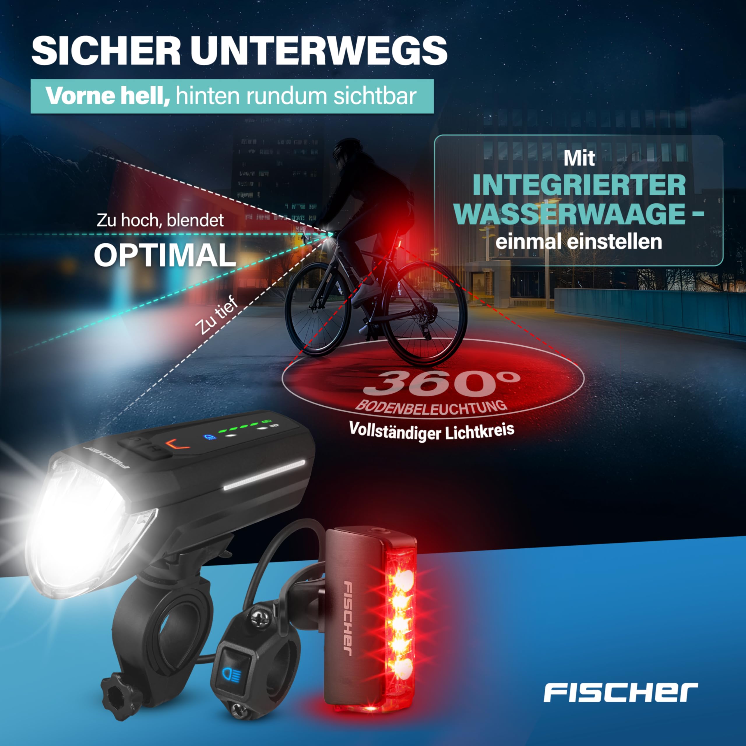 FISCHER Fahrrad LED-Akku Beleuchtungs-Set Twin Stop 100 +80 Lux Fernlicht, mit Sensormodus, Lange Leuchtdauer, stabiles Aluminium-Gehäuse, schwarz, 1 Stück 2