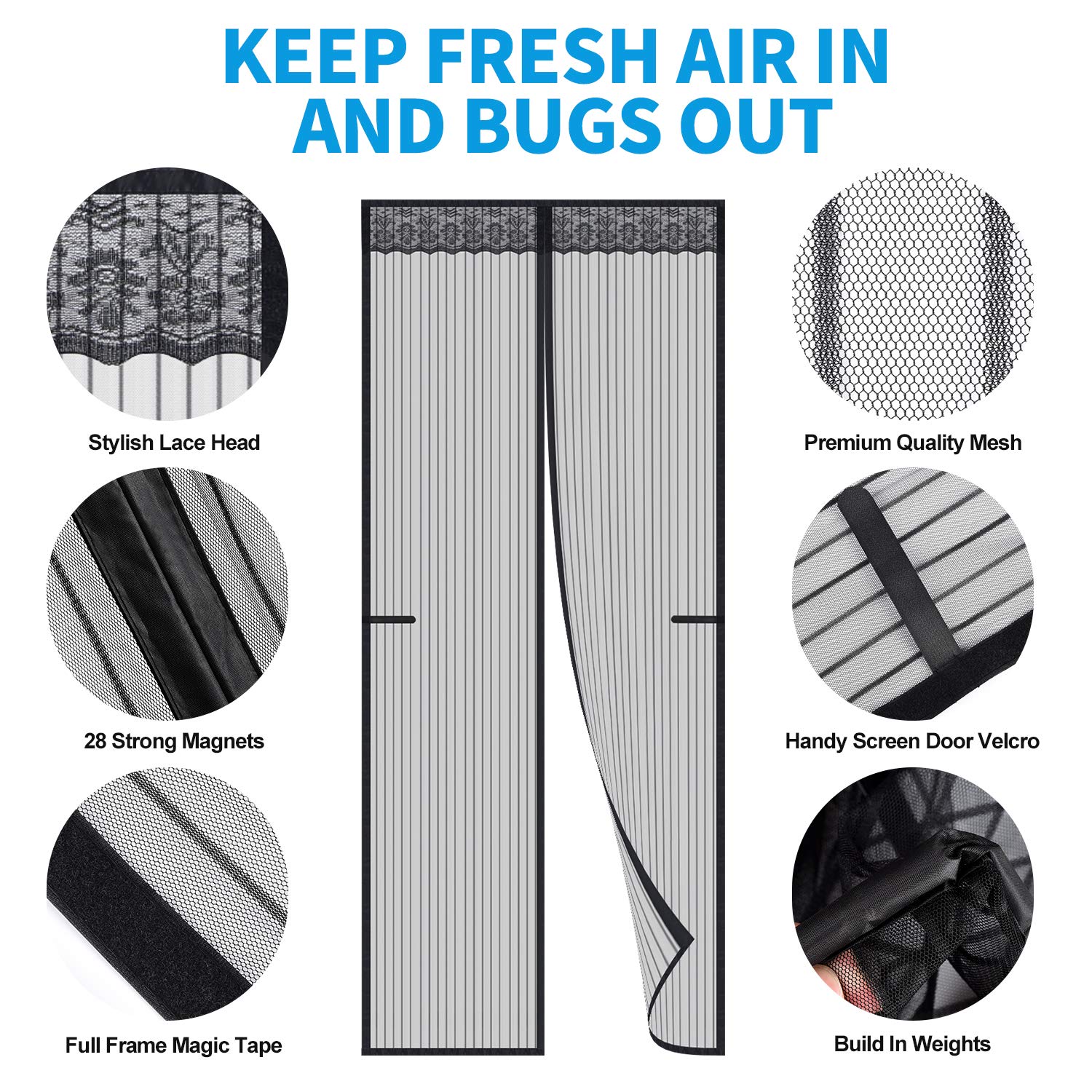 Magnetic Fly Screen Door, Insect Screen Mesh Curtain with Powerful Magnets and Full Frame Magic Tape Bug Protection and Keep Fresh Air Fits Door Up to 90 x 210cm, 35\