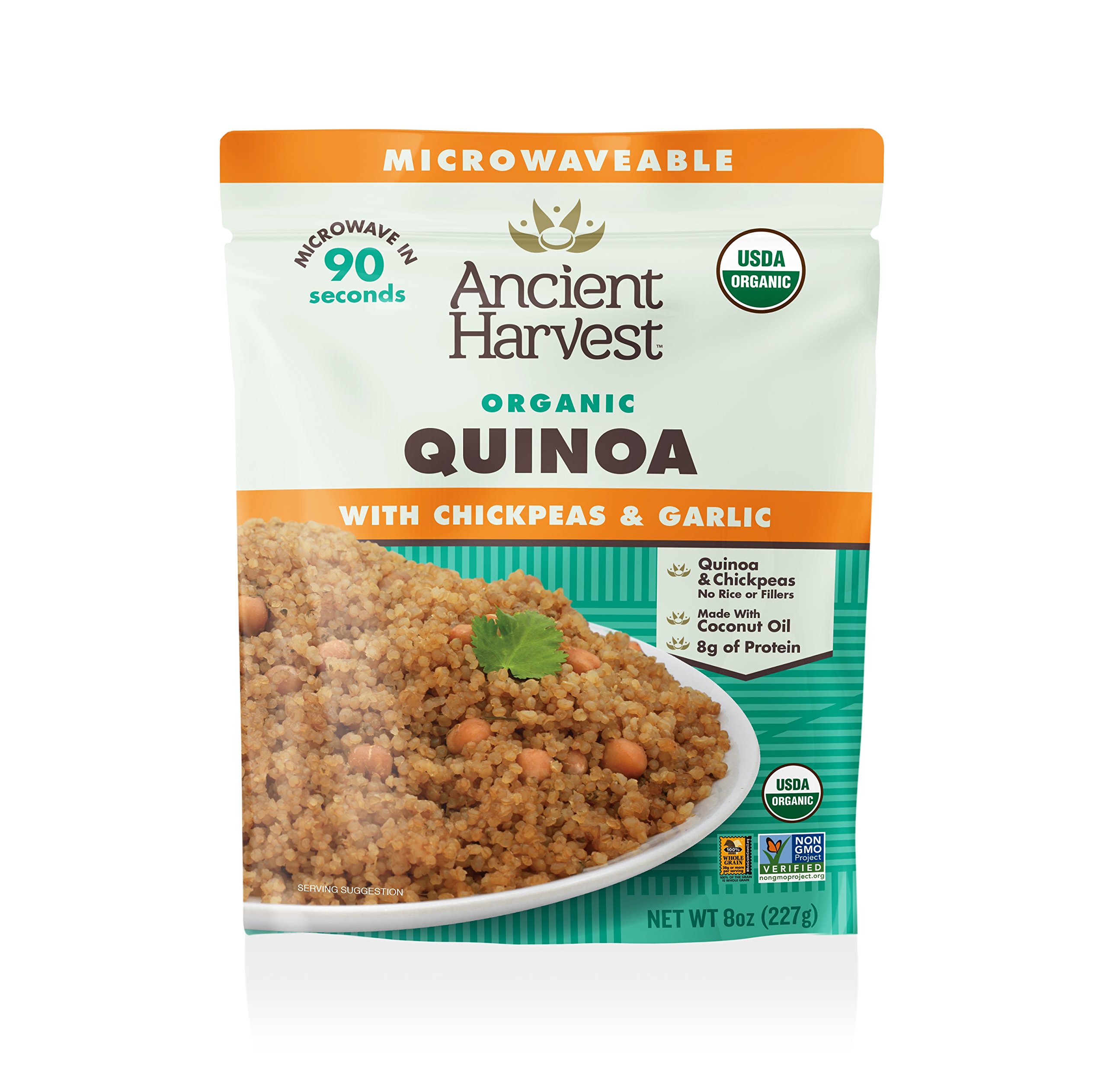 Ancient Harvest Microwaveable Heat-and-Eat Organic Quinoa with Chickpeas & Garlic, 8 oz. Microwavable Pouches (Pack of 12), for Convenient Daily Protein by Ancient Harvest