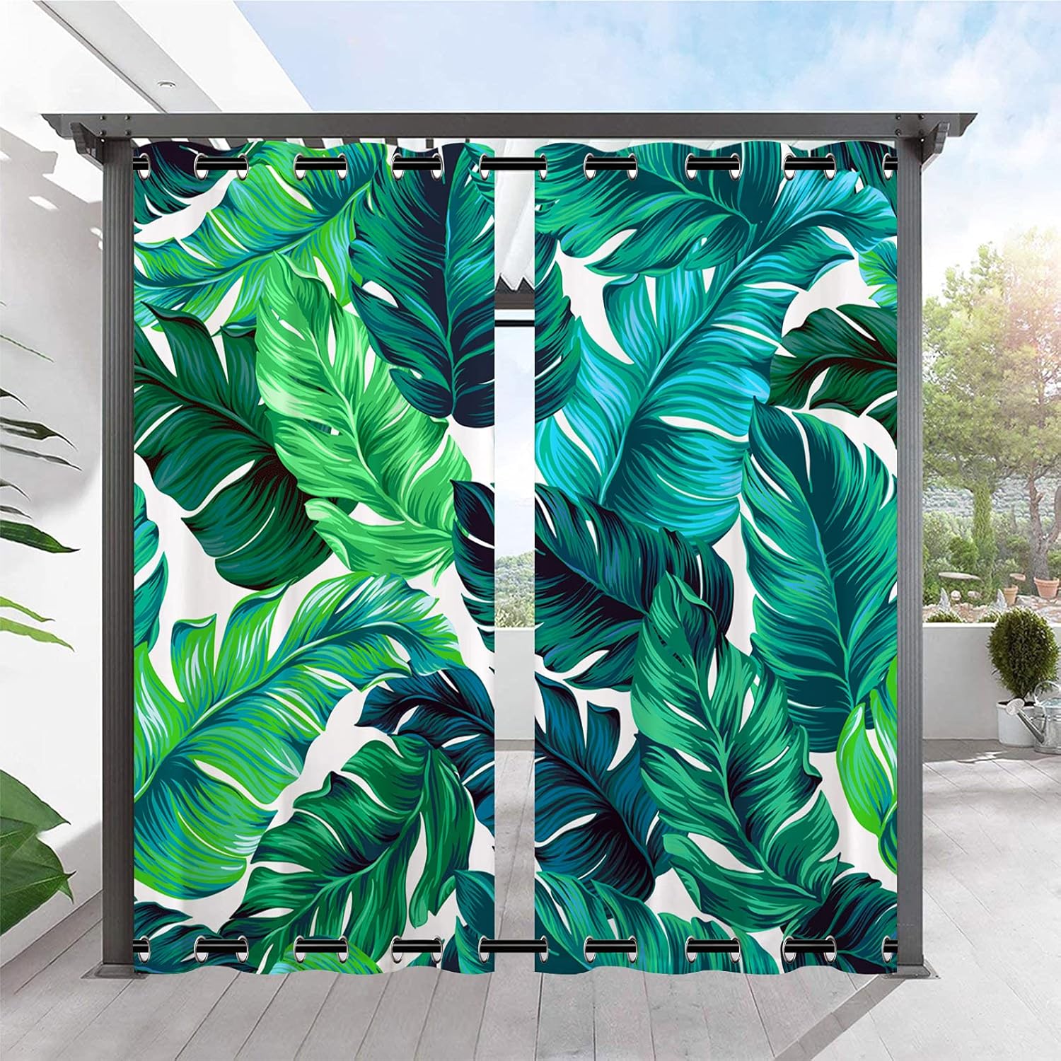 Outdoor Curtains - ANHOPE Outdoor Curtains Grommet Top & Bottom Windproof Waterproof Window Drapes with Turquoise Green Tropical Palm Leaves Print Pattern Outside Curtains for Patio Pergola Gazebo 2 Panels 54 x 96 Inch