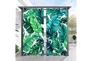 ANHOPE Outdoor Curtains Grommet Top & Bottom Windproof Waterproof Window Drapes with Turquoise Green Tropical Palm Leaves Print Pattern Outside Curtains for Patio Pergola Gazebo 2 Panels 54 x 84 Inch