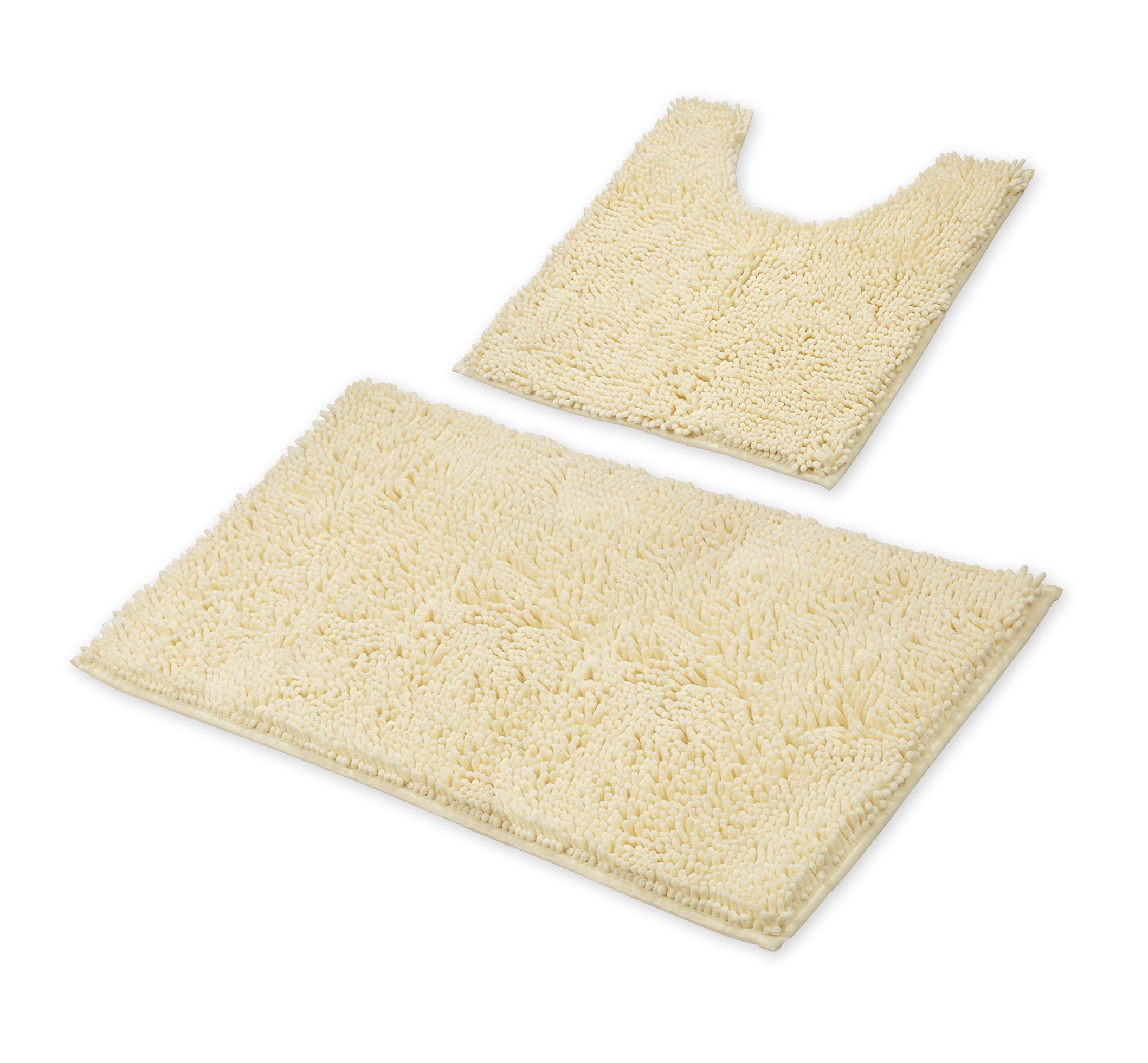 LuxUrux Bath Mat, Luxury Chenille (2-Piece) Bath Mat Set, Soft Plush Anti-Slip Bath Rug + Toilet Mat.1'' Microfiber Shaggy Carpet, Super Absorbent (Curved Set Small, Cream)