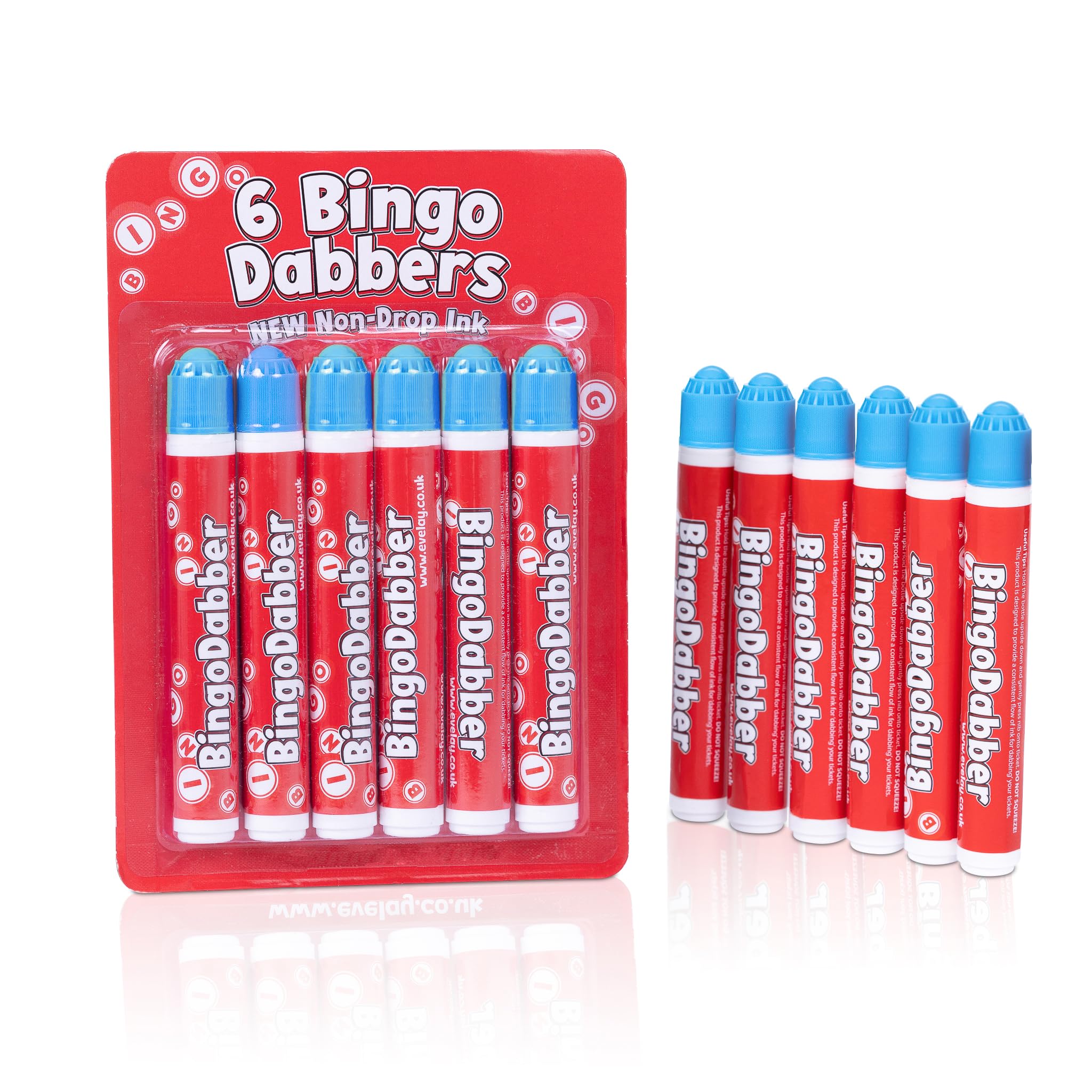evelay 6 Bingo Dabbers – 20ml Slimline Markers | Assorted or Single Colours | Non-Drip Ink for Smooth Marking | Blue | Long-Lasting Bingo Pens for Home or Club