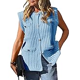 Saodimallsu Womens Sleeveless Sweater Vest Button Up Cable Knit Crew Neck Trendy Casual Loose Summer Cardigan