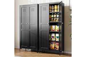 BYNSOE Kitchen Pantry Storage Cabinet with Adjustable Shelves Metal Cupboard Storage Cabinet with Adjustable Feet Pantry Cabinet for Kitchen, Living Room Dinning Room Bathroom. (Black, 61 inch)