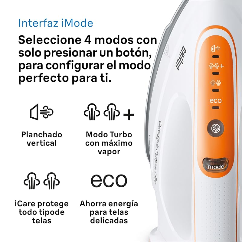CareStyle Compact Pro Plancha Generadora de Vapor, FreeGlide 3D, Modo iCareMode, Eco y Turbo, Vaporización Vertival, Antigoteo, Depósito Agua 1,5L, 6 bar/400g/min, 2400W, Blanco/Naranja