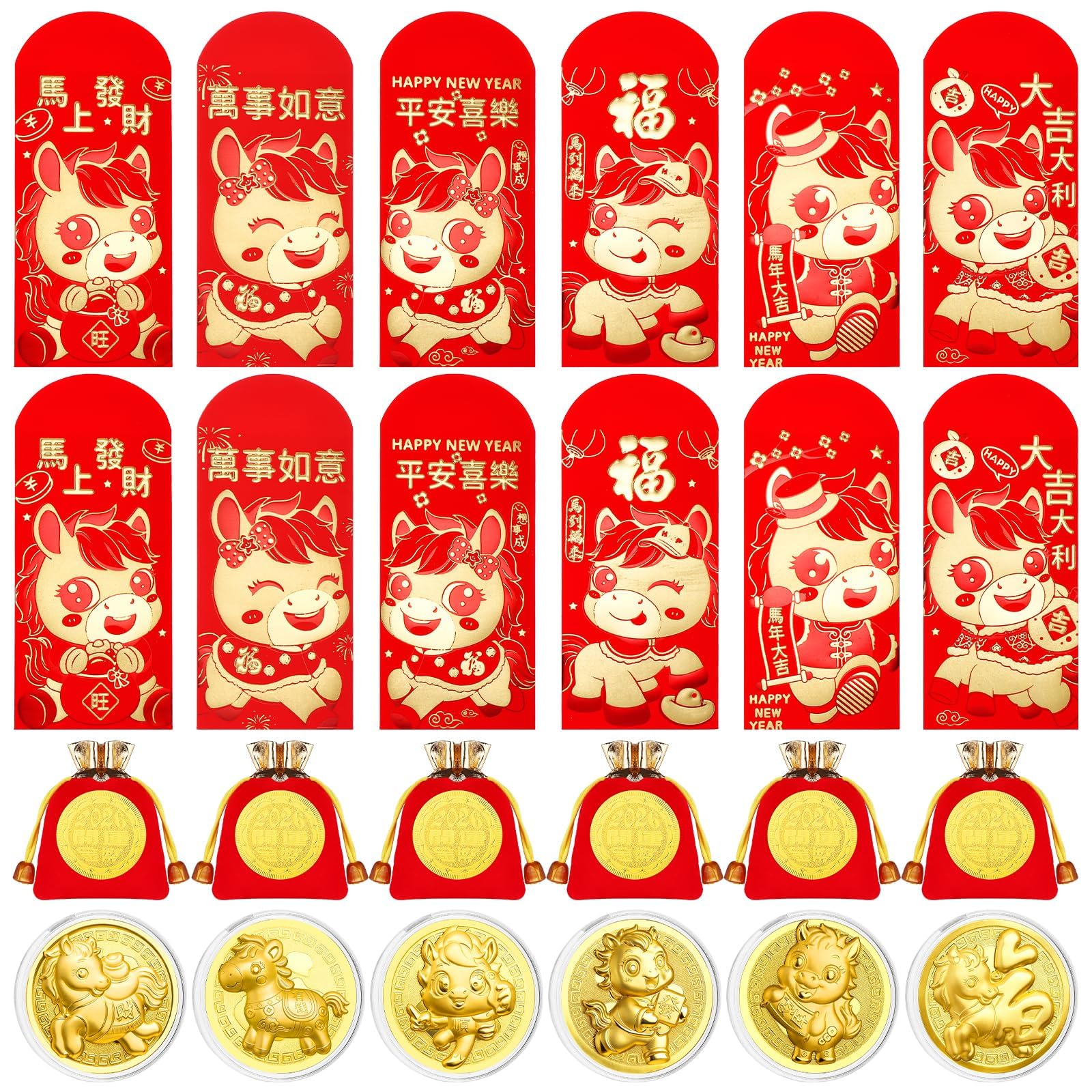 Photo 1 of 24 Pcs Horse Coins Red Envelope Chinese New Year Gift 2026 Chinese Red Envelopes Lunar New Year Of Horse Envelopes Spring Festival Hong Bao Lucky Money Packets with Chinese Lucky Feng Shui Coins