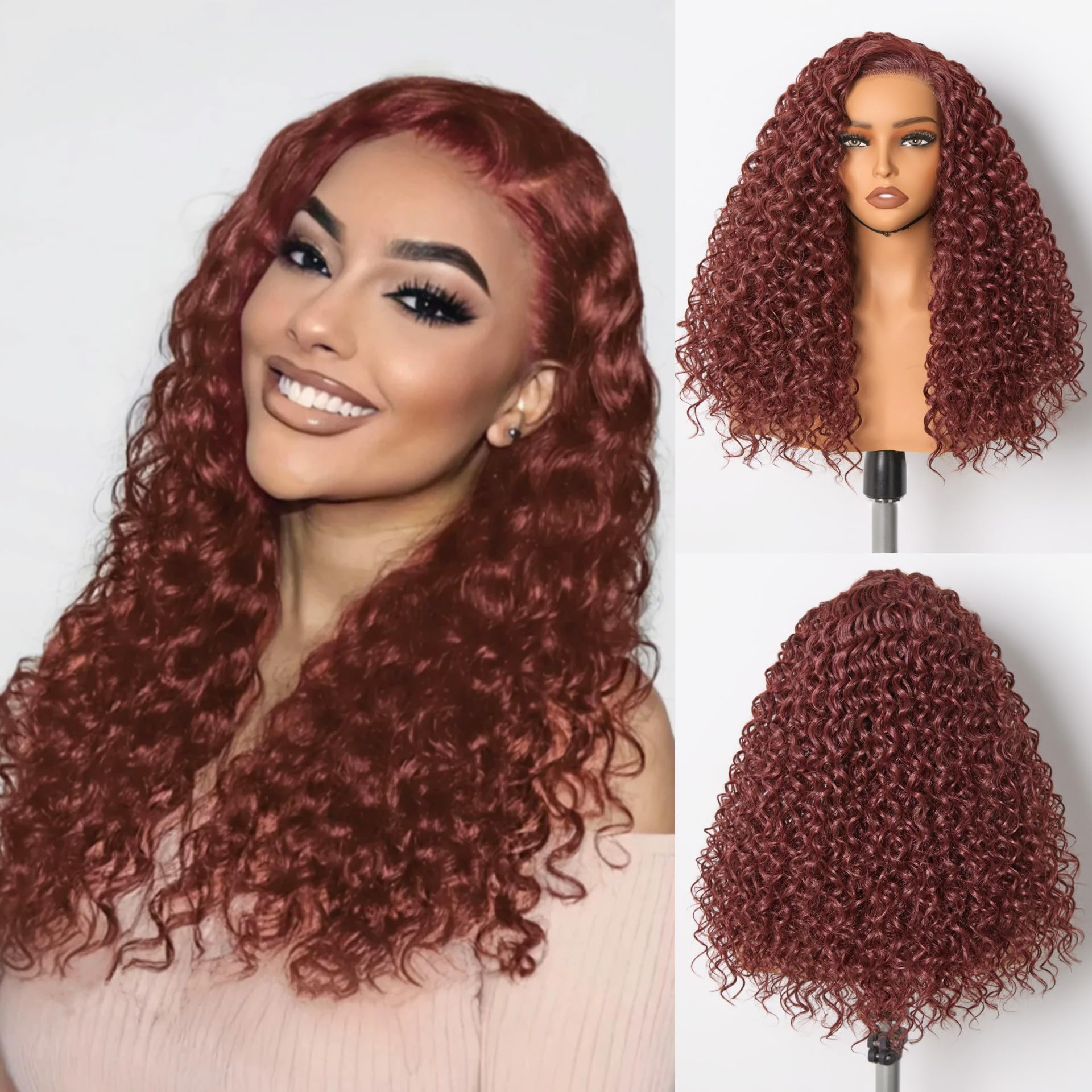 Photo 1 of GORGIUS Burgundy Water Wave Lace Front Wigs Glueless Synthetic Curly Wig with Pre Cut Pre Plucked Side Part Hairline 20 Inch