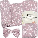 LifeTree Baby Swaddle Blanket and Bow Set, Mauve Floral Muslin Newborn Swaddle Set with Matching Headband Bow, Infant Receiving Blanket Wrap, 47 x 47 inches, 70% Viscose from Bamboo and 30% Cotton