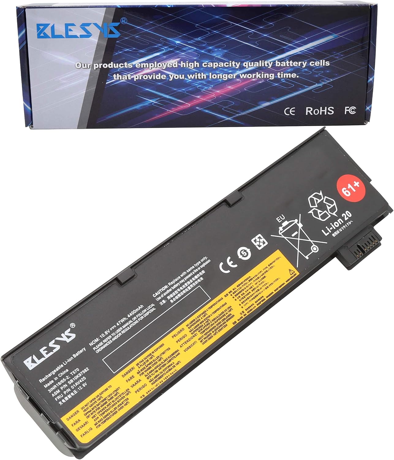BLESYS 4400mAh 61+ 01AV491 01AV452 External Battery for Lenovo Thinkpad T470 T570 A475 P51S TP25 Series, Black, 6-Cell battery