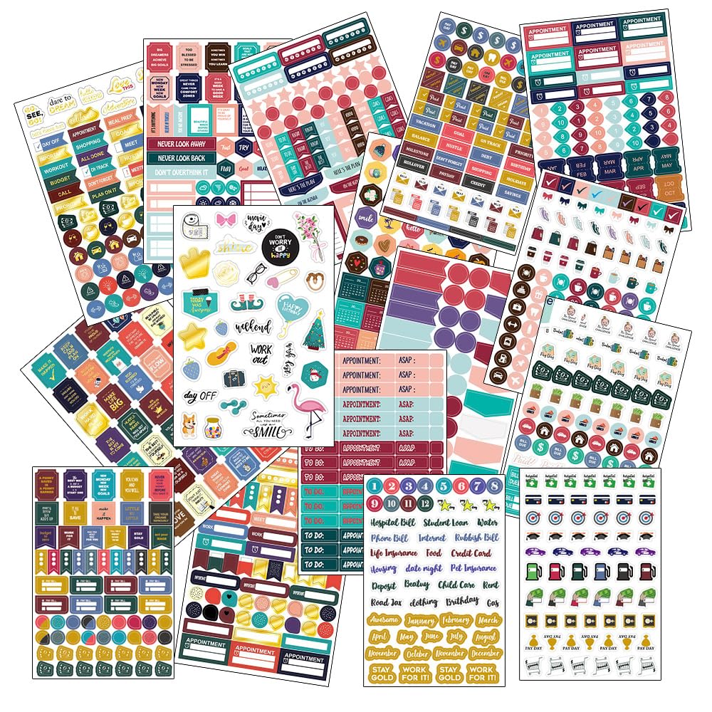 ONEBO 16 Sheets Planner Stickers,Bill pay Stickers,Daily Planning Stickers,with Multiple Colors Assorted Themes and Designs,For Calendars, Journals, and Diary Planners, (B-16)