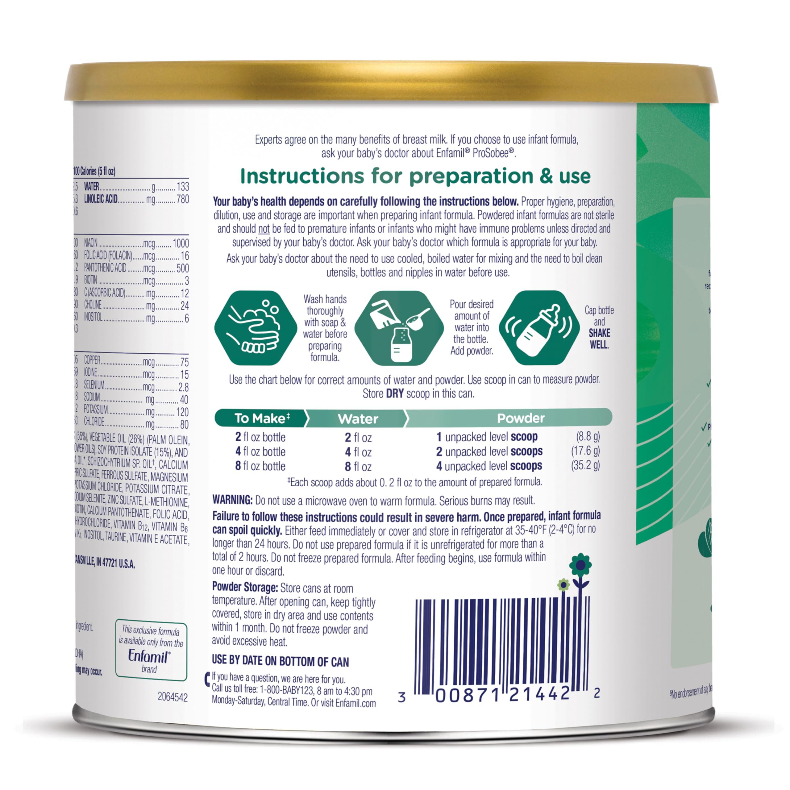 Enfamil Prosobee Plant based Baby Formula, for Sensitive Tummies, Soy-based Plant Sourced Protein, Vitamins for Immune Support, Lactose-free, Milk free, Gluten free, 20.9 Oz Can