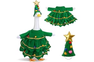Watayo 2 Pcs/Set Christmas Tree Porch Goose Outfits, Lawn Goose Statue Xmas Tree Costume, Green Christmas Garden Goose Clothes Dress and Hat for 23" High Statue Xmas Holiday Patio Yard Decor