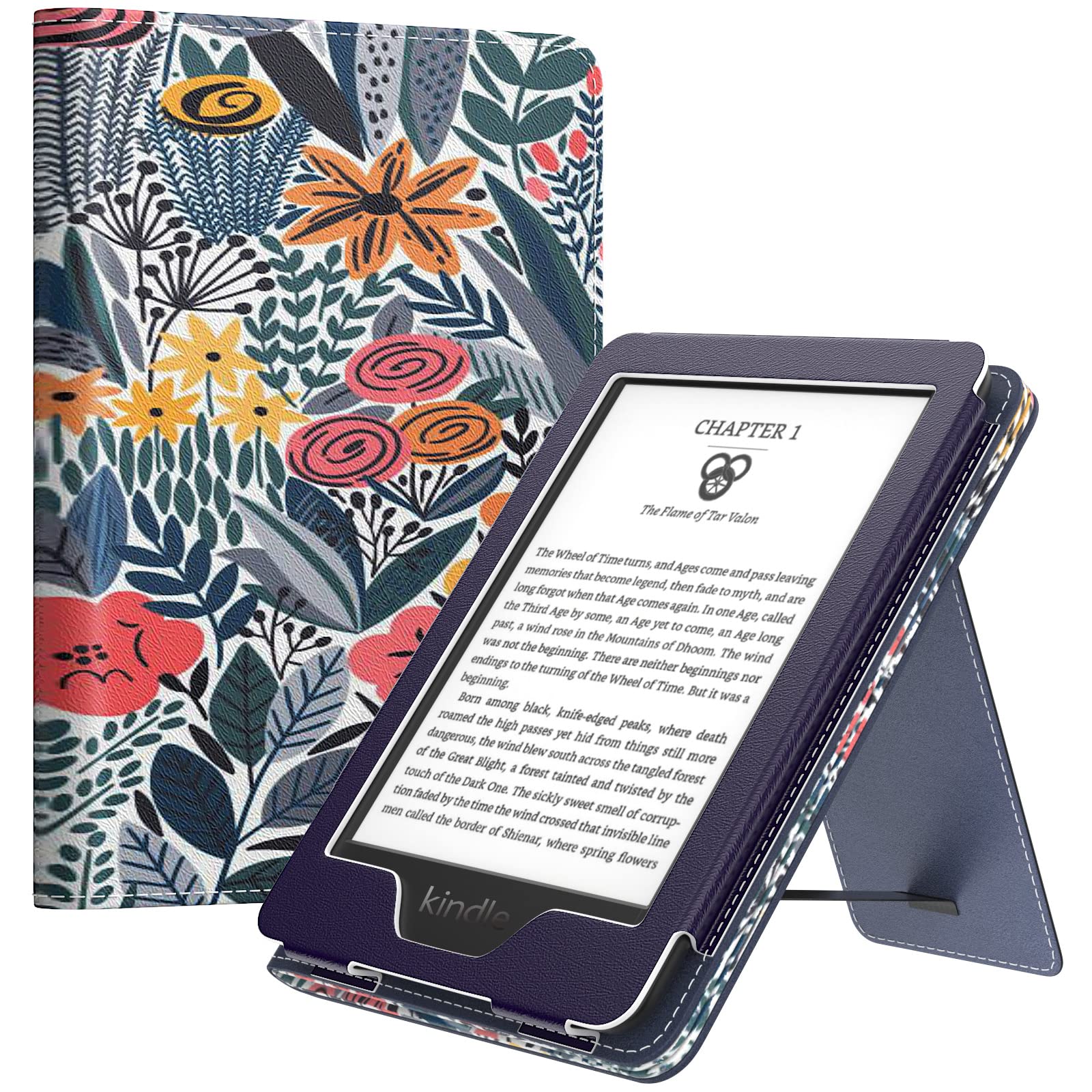 MoKo Case Fits All-new 6" Kindle(11th Generation, 2024/2022 Release)/Kindle(10th Gen,2019)/Kindle(8th Gen,2016), Ultra Lightweight PU Shell Cover with Auto Wake/Sleep for Kindle 2024, Blue Leaf Flower