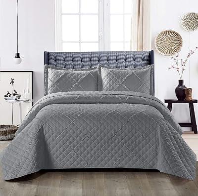 B&B Quilted Bedspread Throw Super King Grey 270x250 cm 3pc Set
