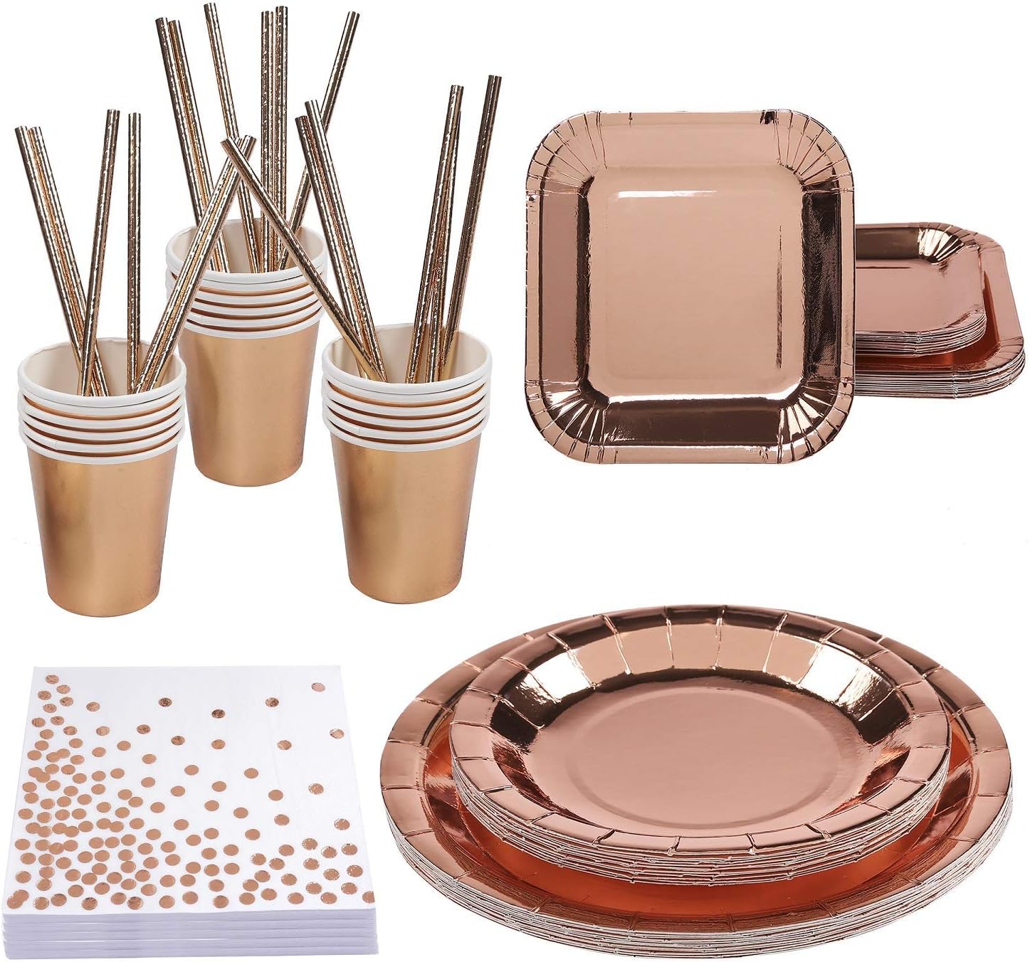 Peirich 146 Pieces Rose Gold Party Tableware Kit, Includes 50 Napkins, 24 Paper Straws 48 Pieces Disposable Paper Plates 24 Pieces Rose Gold Cups for Bridal Shower Wedding Party Decorations