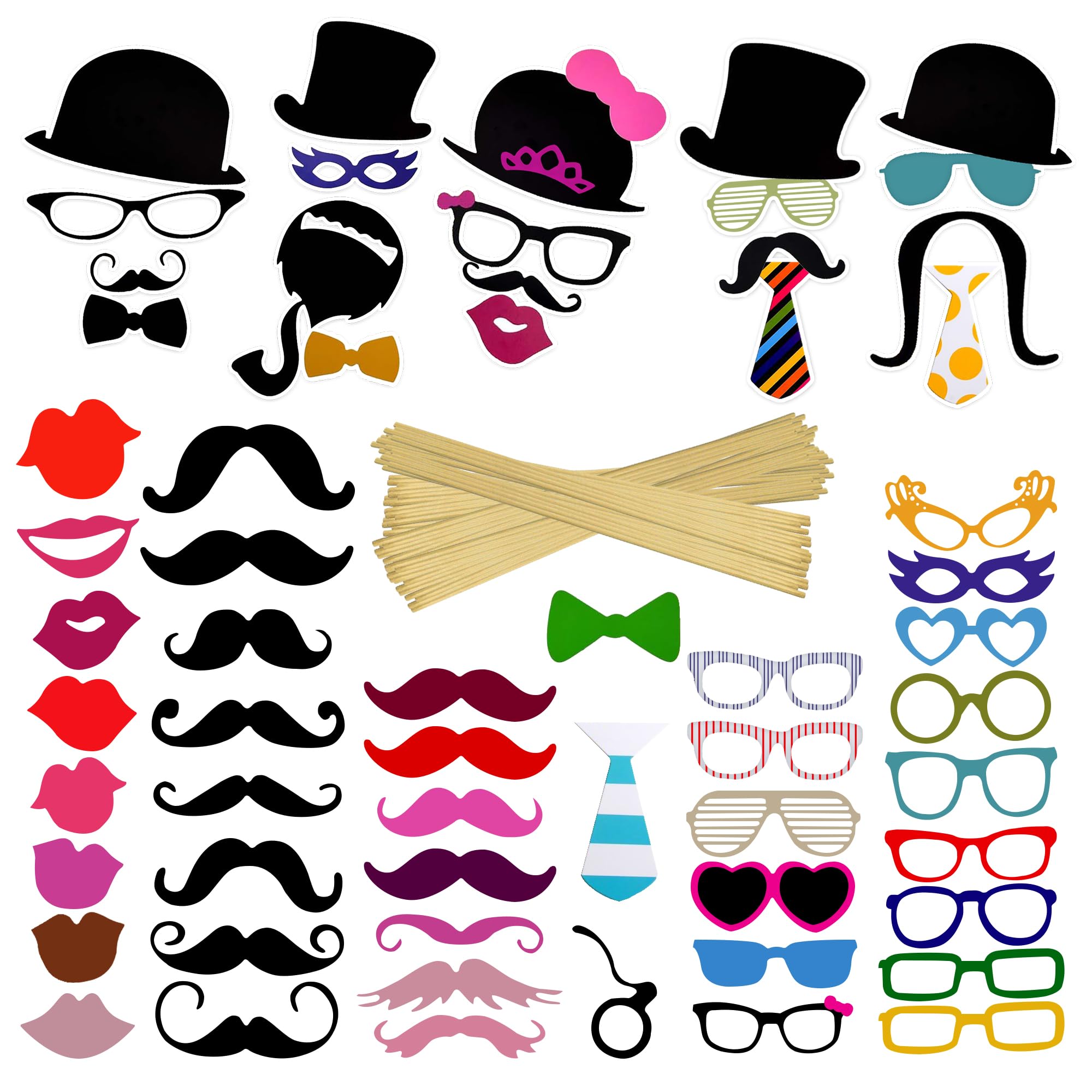 G4GADGET 58 PCS Photo Booth Props – Funny Moustache Party Decorations for Weddings, Birthdays, Engagements & More – DIY Selfie Accessories for Adults & Kids