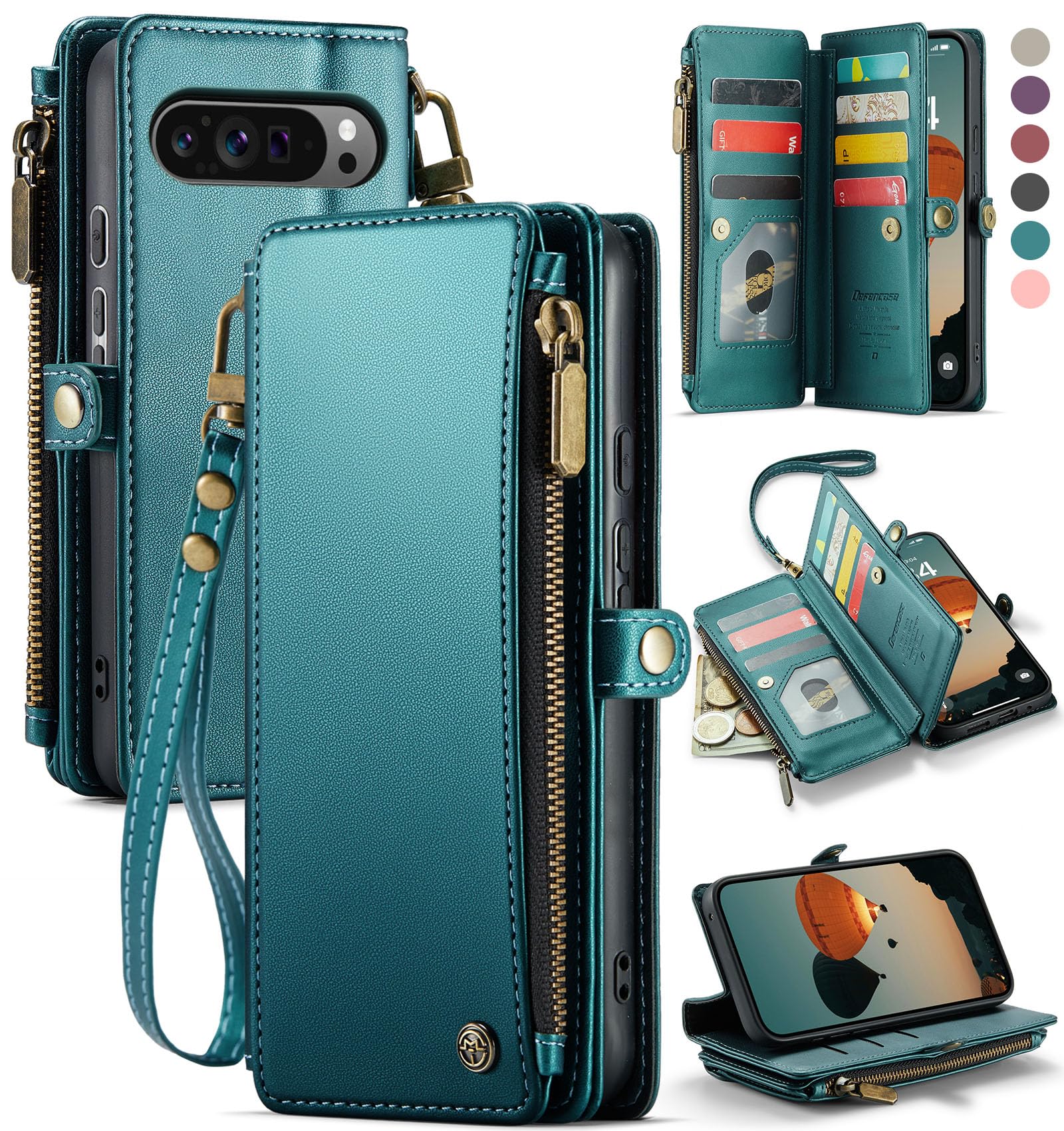 Photo 1 of Defencase Compatible with Pixel 9 Pro XL Case, RFID Blocking Wallet Case Fit for Google Pixel 9 Pro XL 6.8" PU Leather Magnetic Snap Flip Zipper Strap Card Holder Phone Case for Women Men, Blue Green