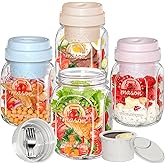 [UPGRADE] 4 Pack Glass Salad Container for Lunch, Salad Jars with Dressing Cup & Airtight Lid & Fork for Meal Prep, Wet/Dry Separation Silicone Divider for Salad Dressing and Dry Ingredients (4 Color)
