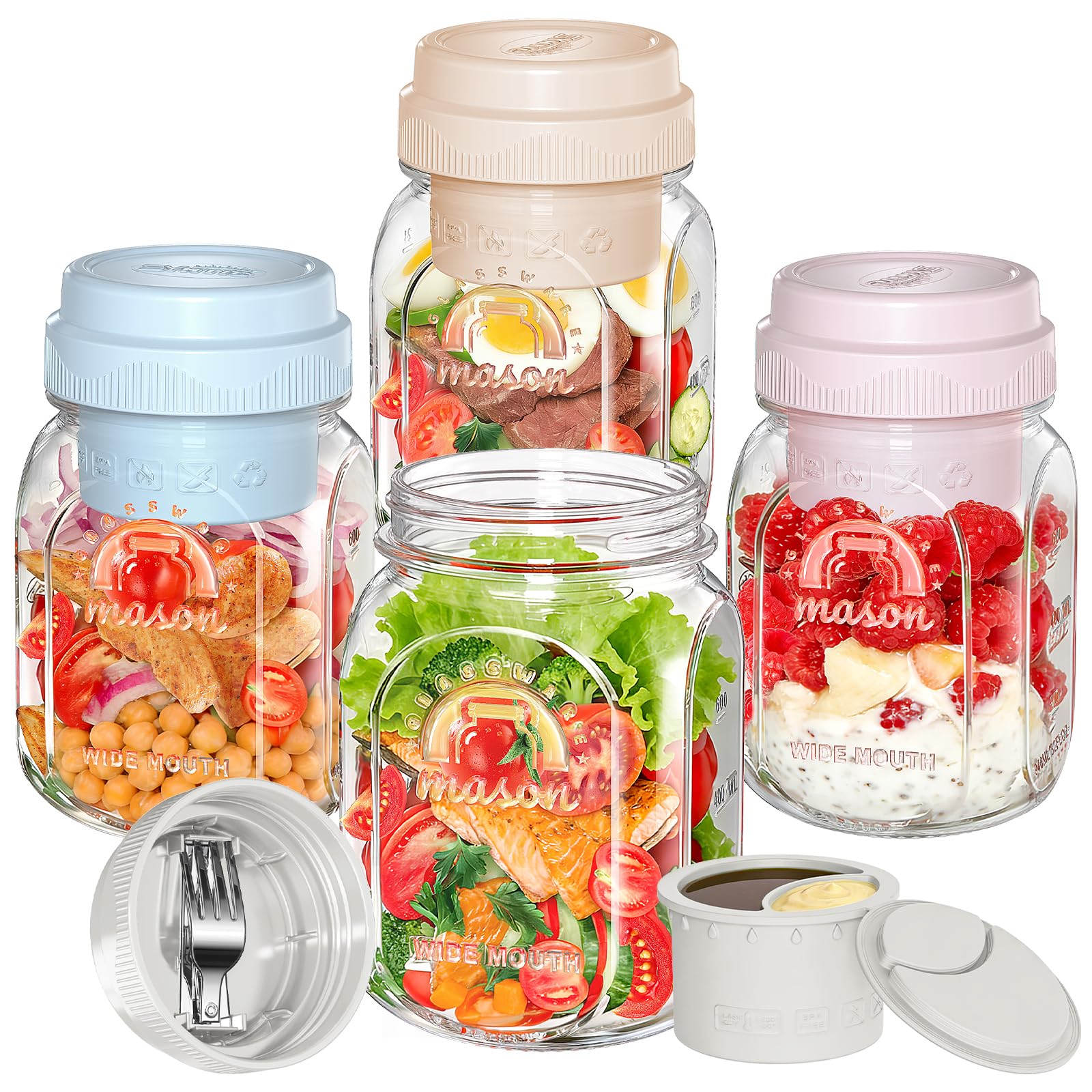 Photo 1 of [UPGRADE] 4 Pack Glass Salad Container for Lunch, Salad Jars with Silicone Dressing Cup & Airtight Lid & Fork for Meal Prep, Wet/Dry Separation Divider for Salad Dressing and Dry Ingredients Mason Jar