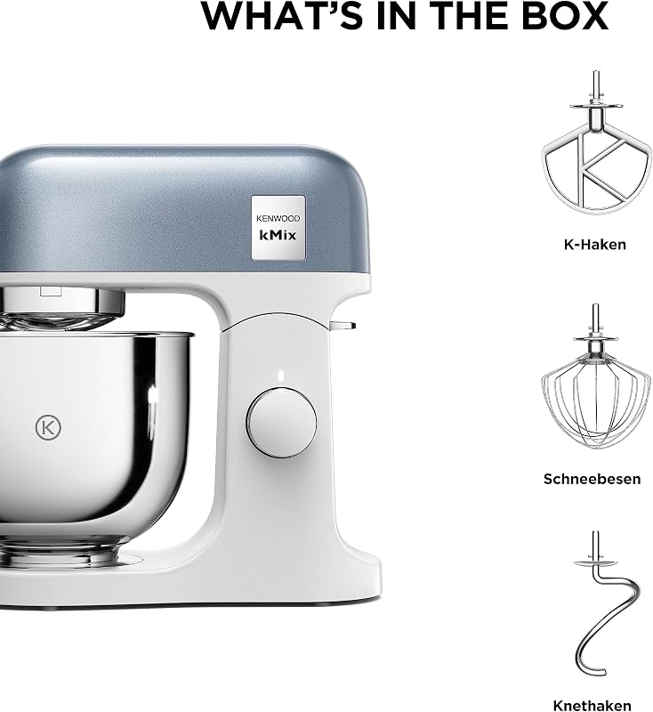kMix Editions KMX760BL Küchenmaschine, 5 l Edelstahl Schüssel, Safe-Use-Sicherheitssystem, Metallgehäuse, 1000 Watt, inkl. 3-Teiligem Patisserie-Set und Spritzschutz, Blau Metallic