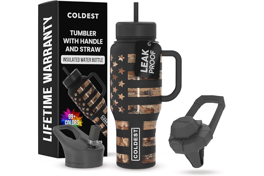 Coldest Tumbler with Handle and Straw, 100% Leak Proof Insulated Tumbler with Lid and Straw (3 Lids), Stainless Steel Tumblers for Women & Men, Cup Holder Friendly, 36 oz (Camouflage Flag)