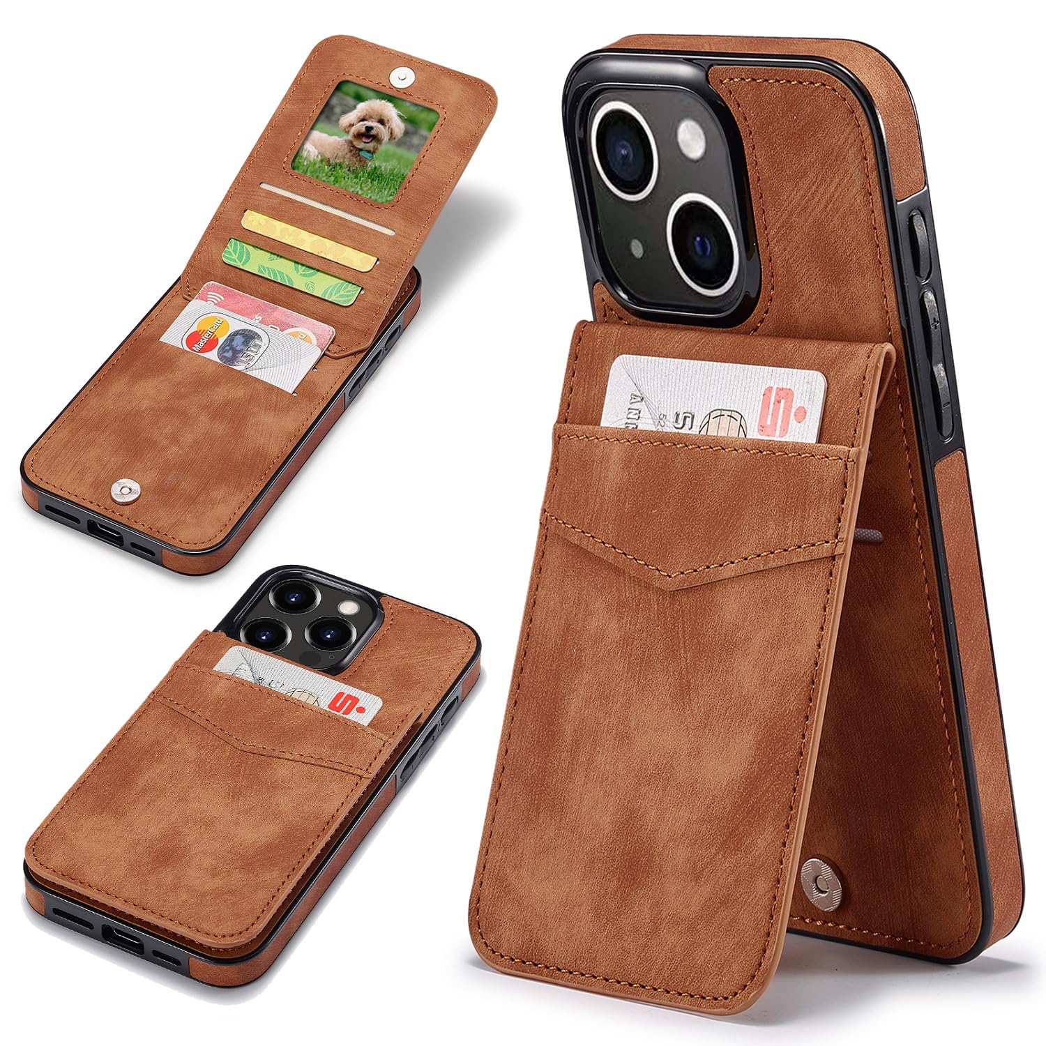 Sibada Multi-function Leather Mobile Phone Case for iPhone 15 Plus with Stand Function Card Slot Snap RFID Magnetic Closure Hold Leather Case for iPhone 15 Plus (2023) 6.7 Inch - Brown