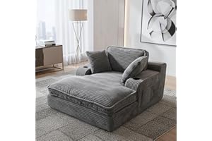 SMARTUE 67" Oversized Chaise Lounge Chair Indoor, Soft Boneless Cloud Couch with 3 Pillows, 4 Side Pockets and 2 Cup Holders, Comfy Corduroy Sleeper Couch for Living Room Bedroom, Gray