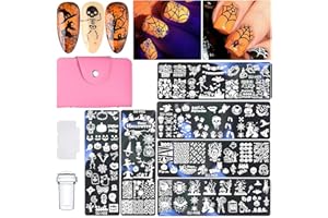 TOROKOM 9Pcs Halloween Nail Art Stamping Plates Set, Nail Stamp Plates Kit Pumpkins Spider Webs Skull Bats Witches Owl Skeleton Ghost Design Nail Image Stamp Template with Stamper Scraper Storage Bag